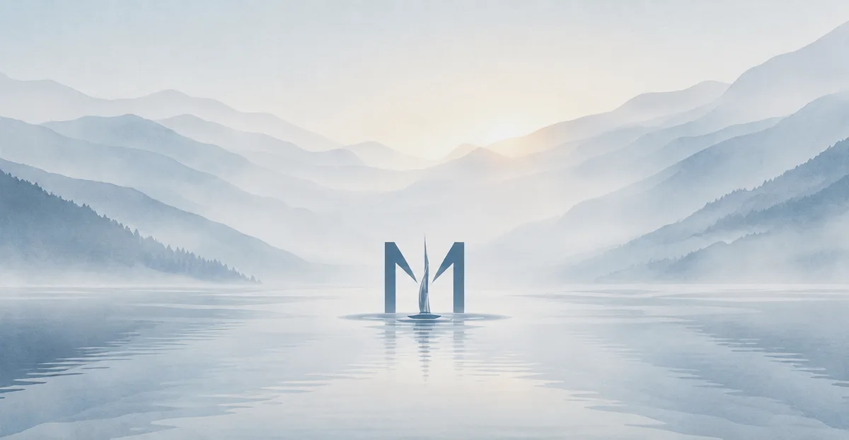 Emblème Accorder · Médiation au milieu d'un lac entouré de montagnes dans la brume